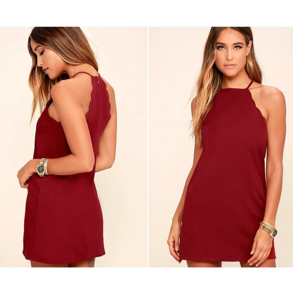 Lulus Endlessly Endearing Halter Scalloped Edge Mini Dress Wine Red Size Large